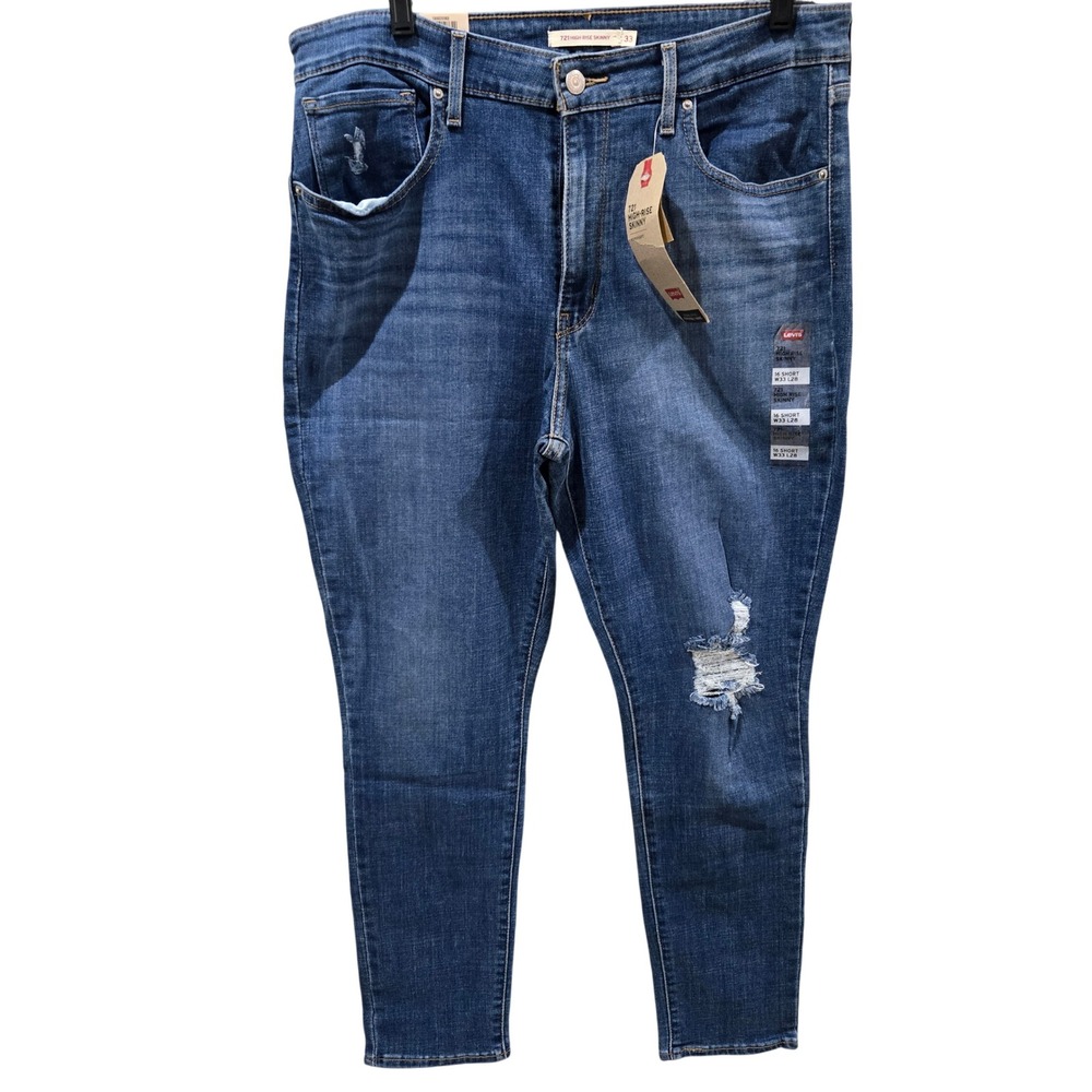 Levis 721 High Rise Skinny Jeans Womens 16 Short W33 L28 Blue Distressed
